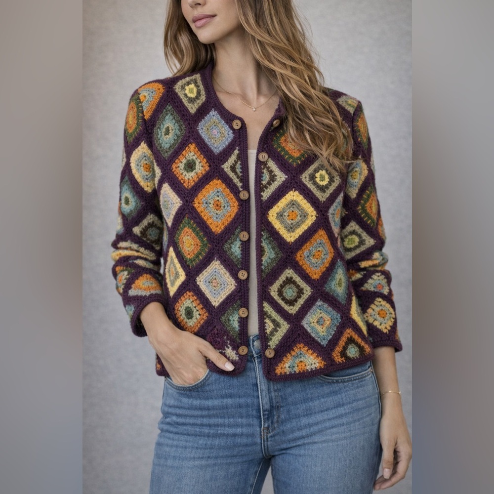 Granny Square Cardigan Boho Multicolor Hand Knit Button Front Sweater M